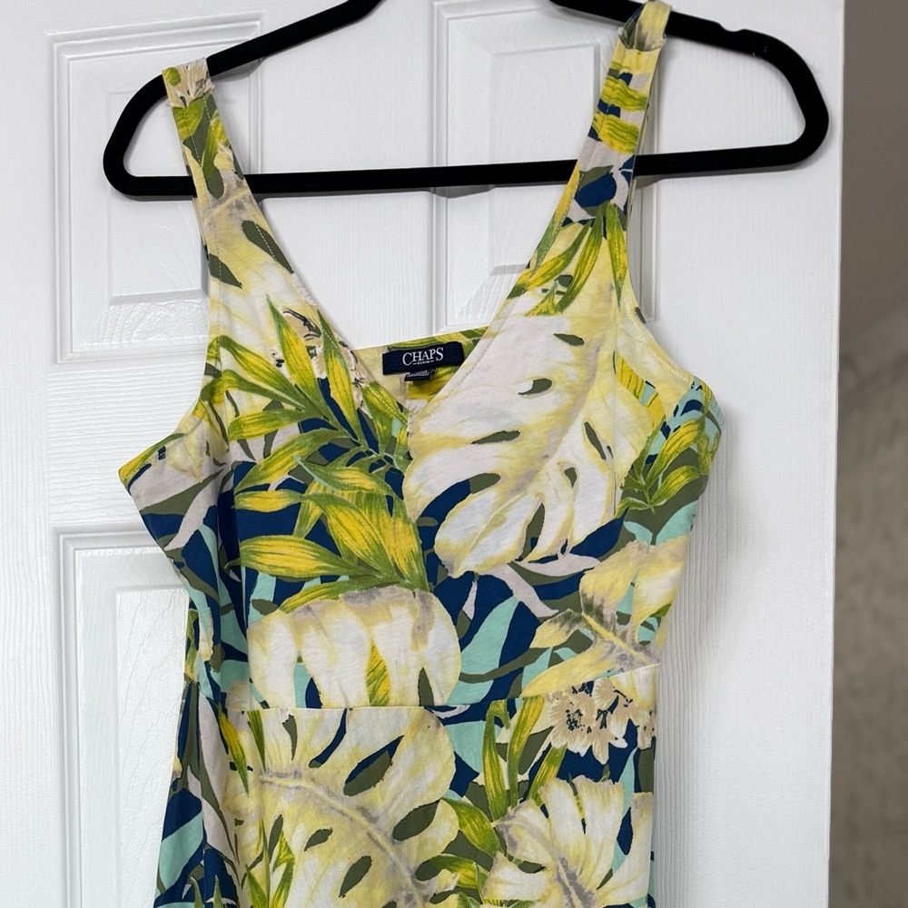 Chaps Floral Dress Tropical 🌴 Midi Yellow Blue Green Palm